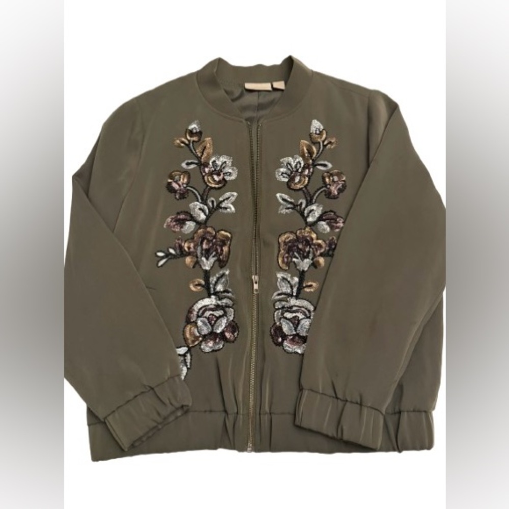 Chico's Olive Bomber Jacket with Floral Embroidery